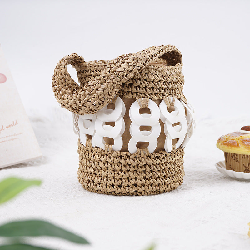 Crochet de main de monnaie de cuivre bouton sac seau Straw Woven Purse