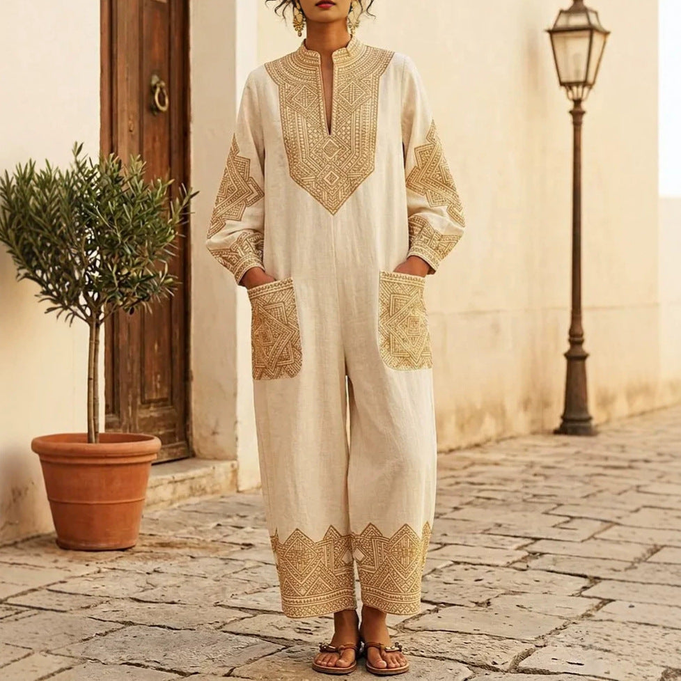 Robe de saut à manches longues en V-Neck imprimée pour femmes