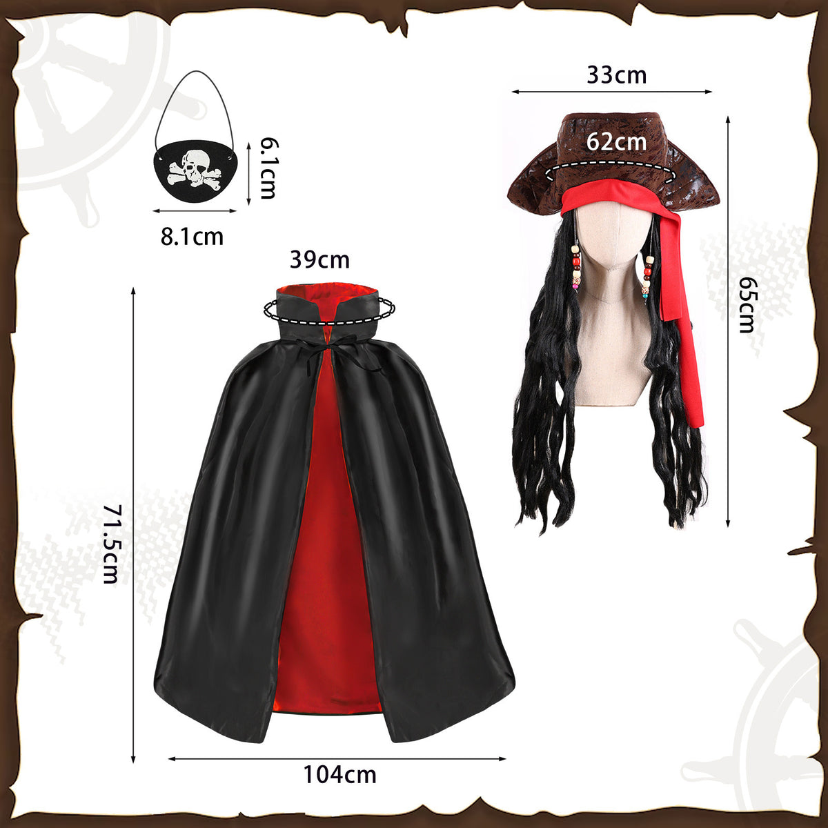 Ensemble de costumes de capitaine de pirates 3 pièces avec masque de sommeil