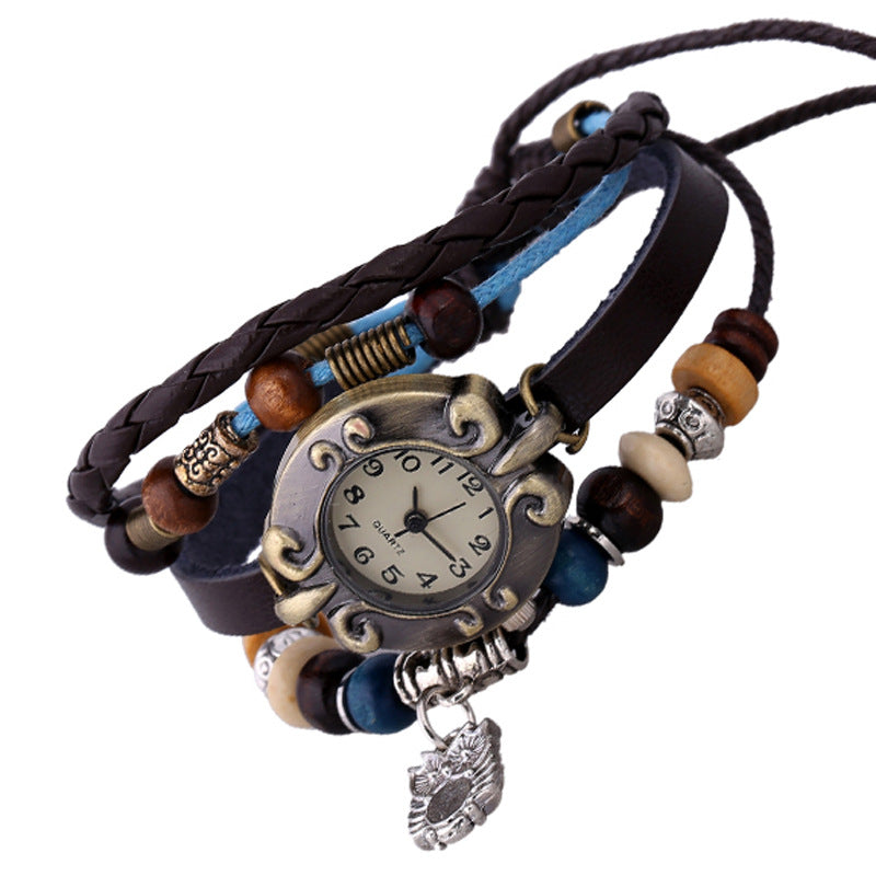 Montre Quartz pour femme Elégant bracelet en cuir de mode perlé
