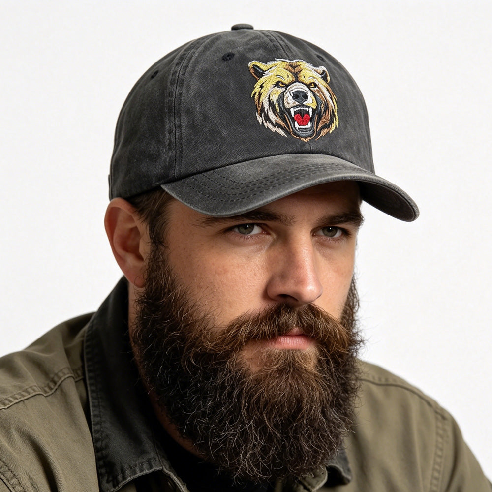 2pcs Grizzly Embroidered Hat - Men's Washed Cotton Baseball Cap