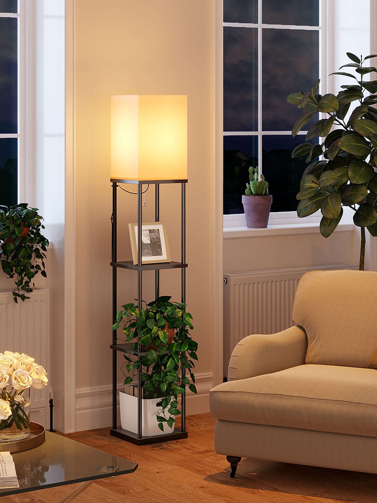 Lampadaire en bois de pied libre 3-Tier rangement Table de lecture Chambre Salon