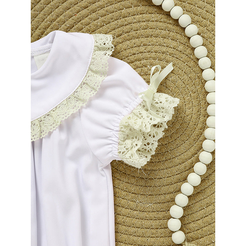 Bébé fille blanc Dentelle Romper doux et élégant manches courtes Bubble combinaison de saut pour la saison de mariage