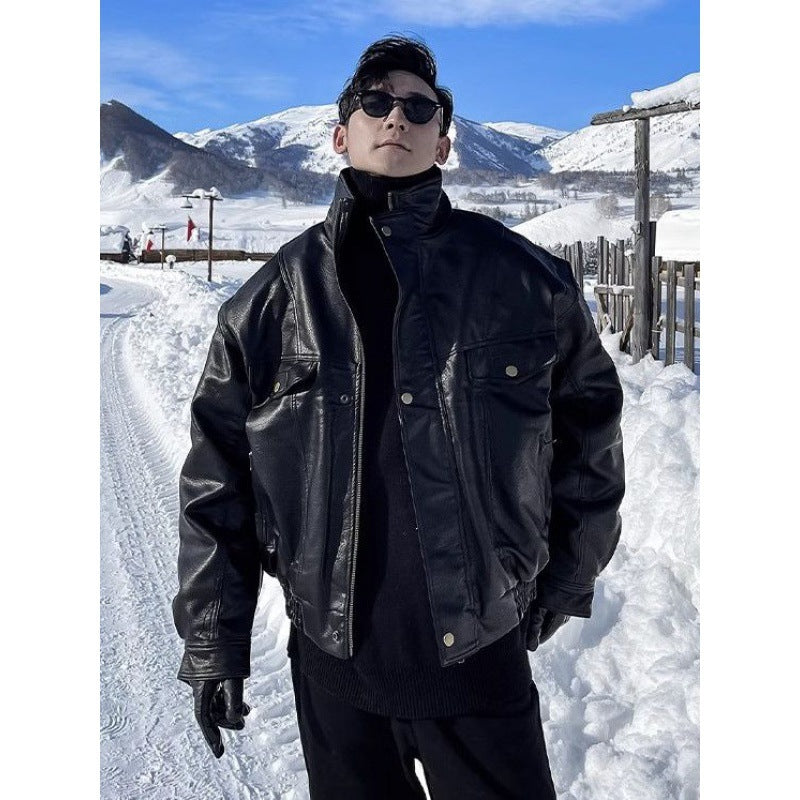 Veste en cuir Manteau d'automne et d'hiver Manteau homme Trendy Handsome polaire Épaisseur pilote Mo