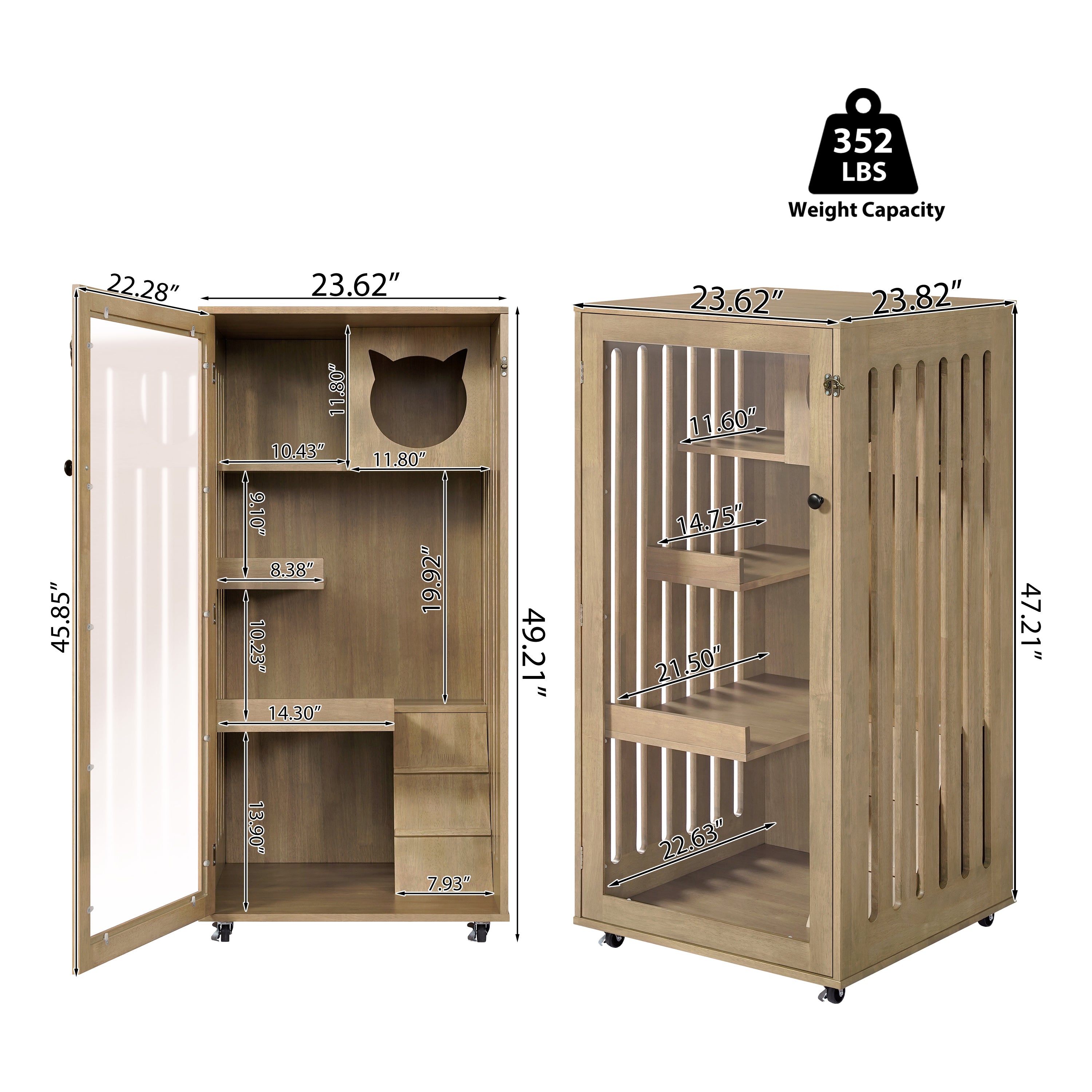 Armoire de chat en bois de caoutchouc Basia avec roues