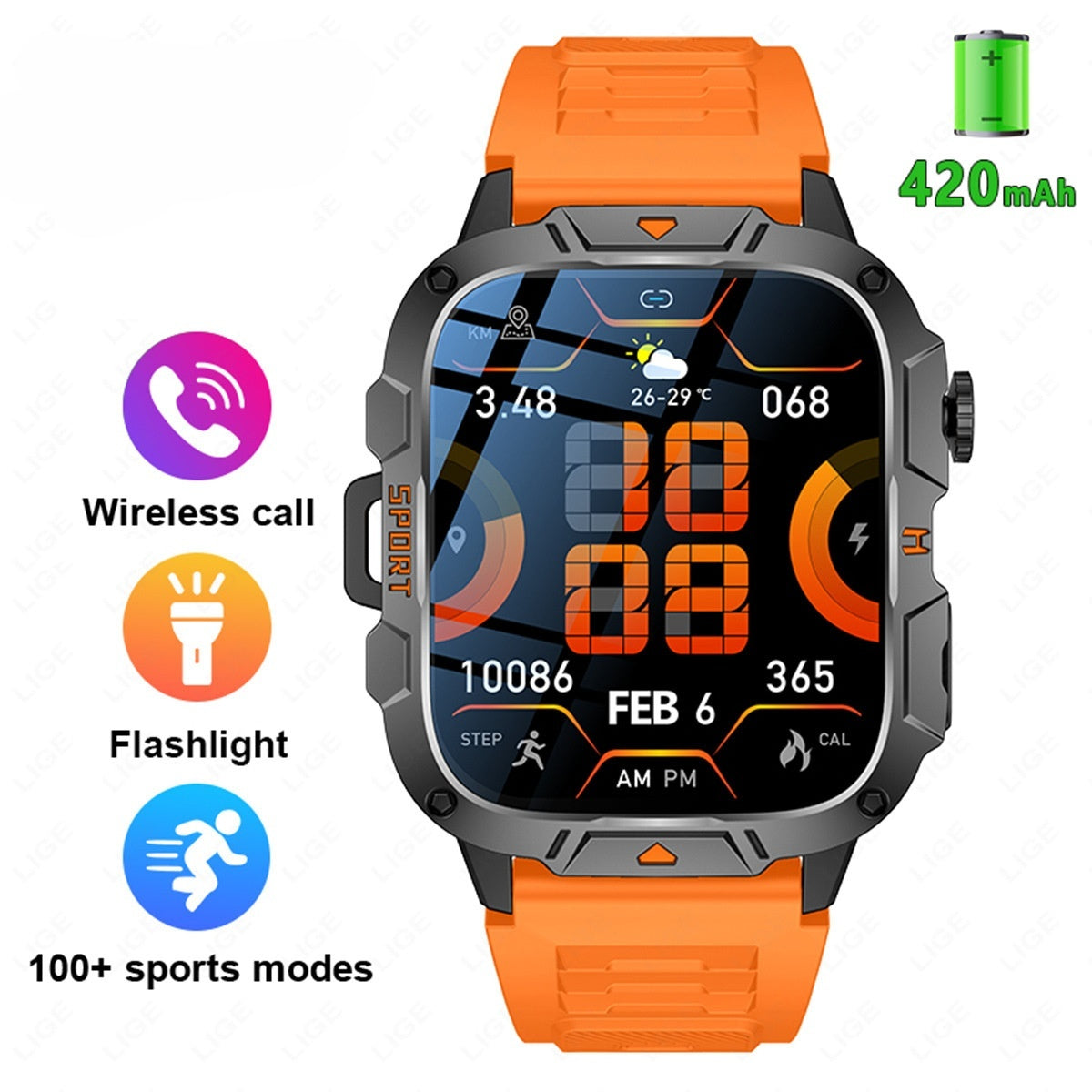 Carré Grand écran Multi-fonctions Sports Courante Coeur Montre intelligente