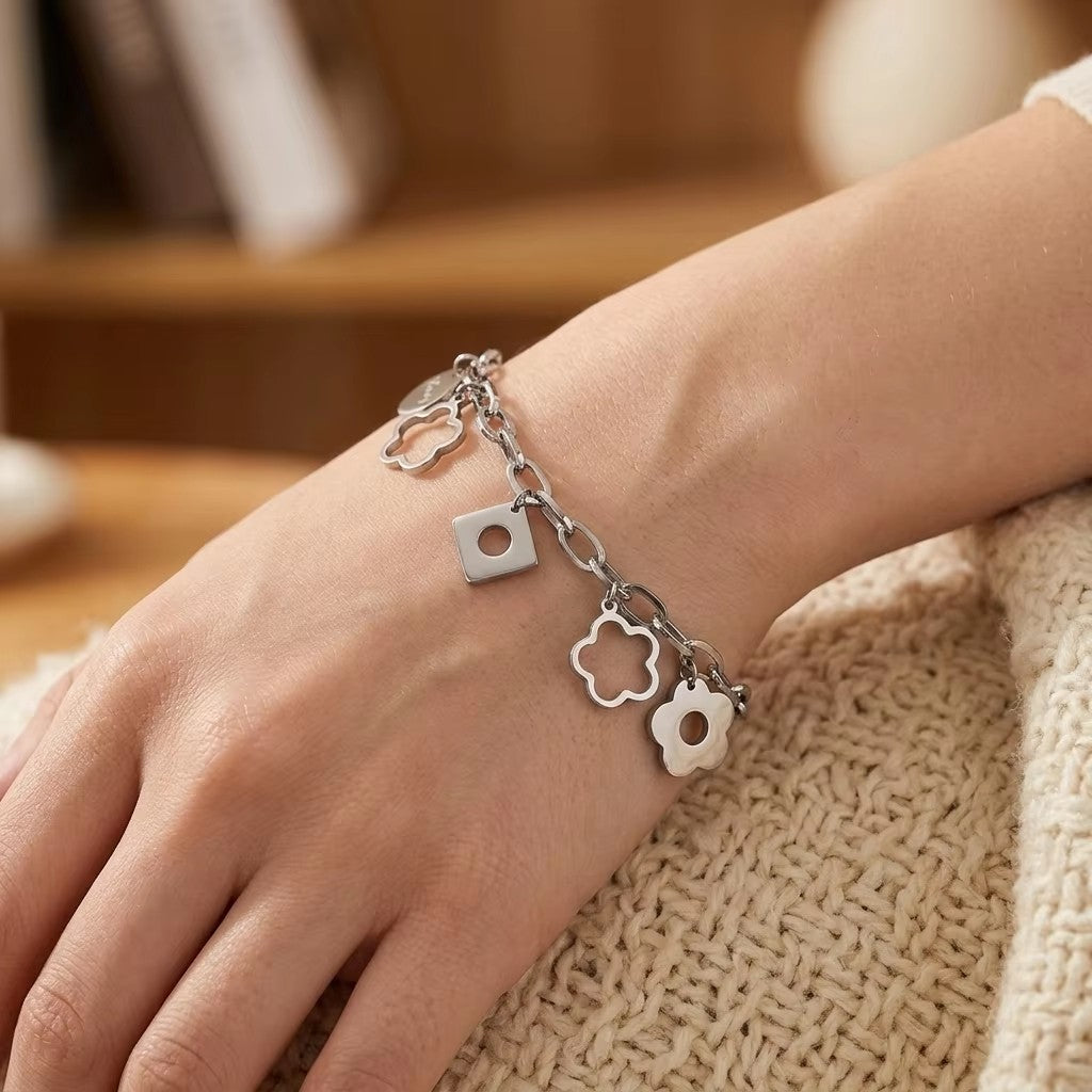 Femmes Multi Bracelet de Charme Fleur de Clover Hollow chanceux gravé Tag Paperclip Chaîne Or Si