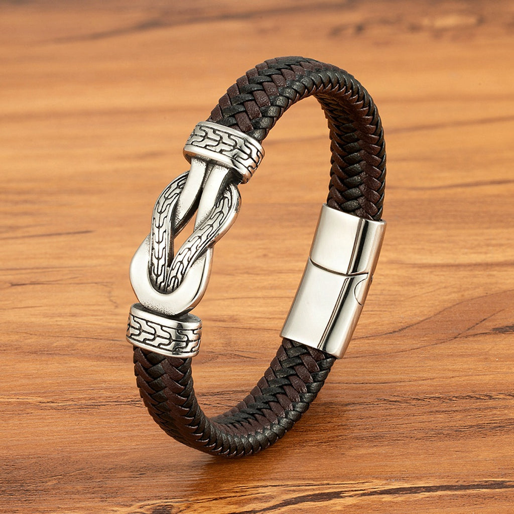 Bracelet en cuir tissé de café noir avec fermoir magnétique or et acier