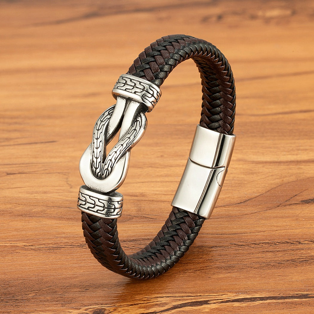 Bracelet en cuir tissé de café noir avec fermoir magnétique or et acier