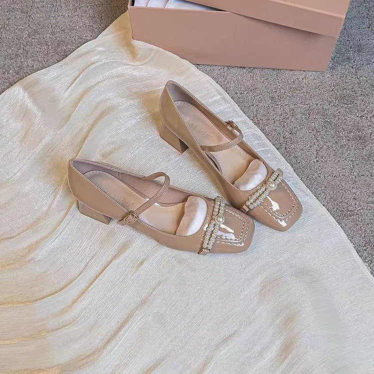 Femmes Elégante française Mary Jane Pompes Été Automne Nue Pearl Bow Basse Coupe Douce Talons hauts