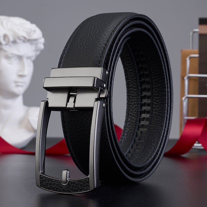 Ceinture en cuir casual avec boucle automatique et motif grain Lychee