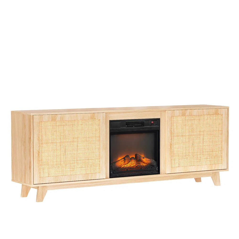 70' Chêne finition à faible profil Cheminée TV Stand avec 2 portes et avant de rotin pour 18' Insert