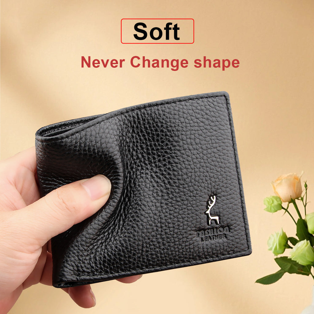 Genuine Leather Wallet Black Cowhide Short Bifold