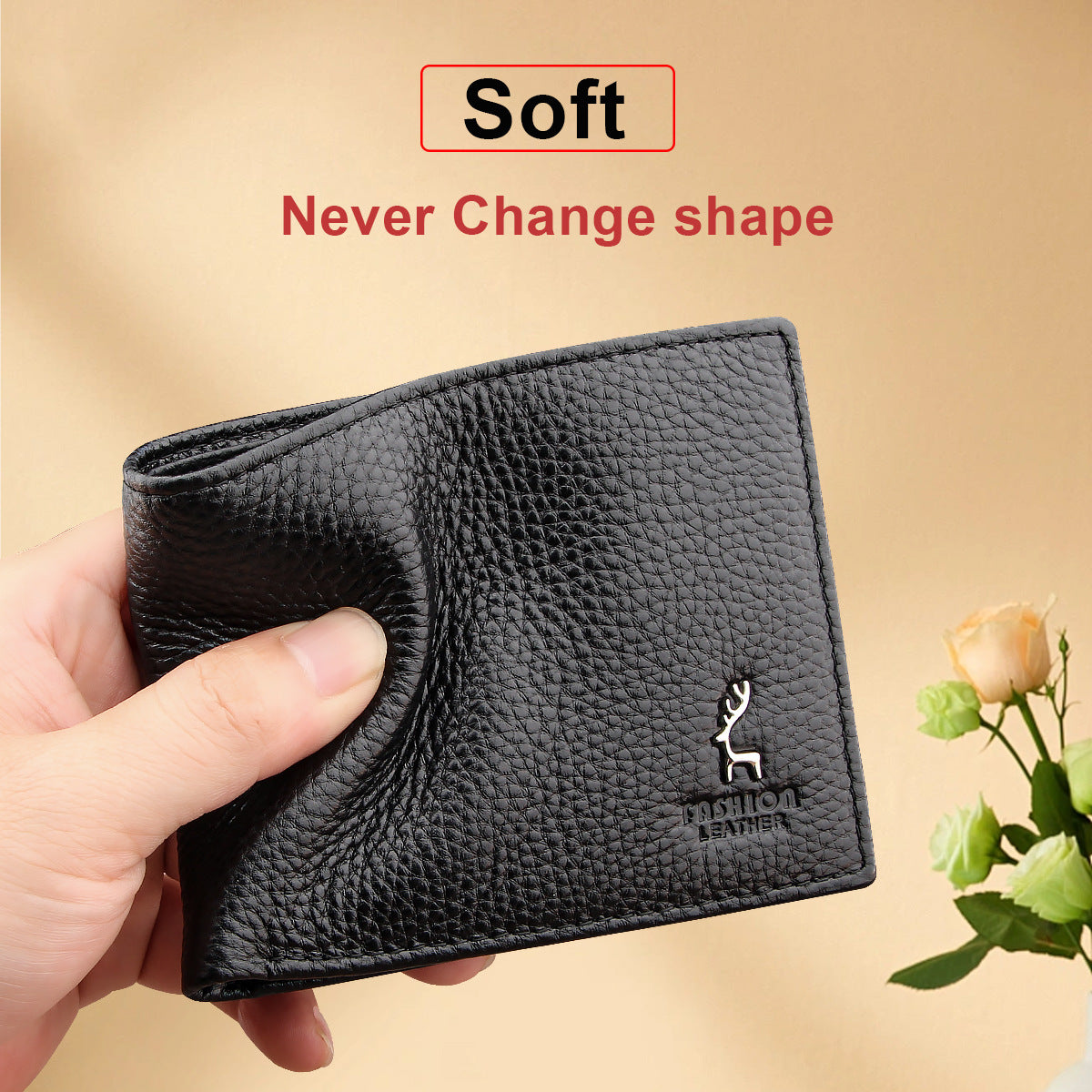 Genuine Leather Wallet Black Cowhide Short Bifold