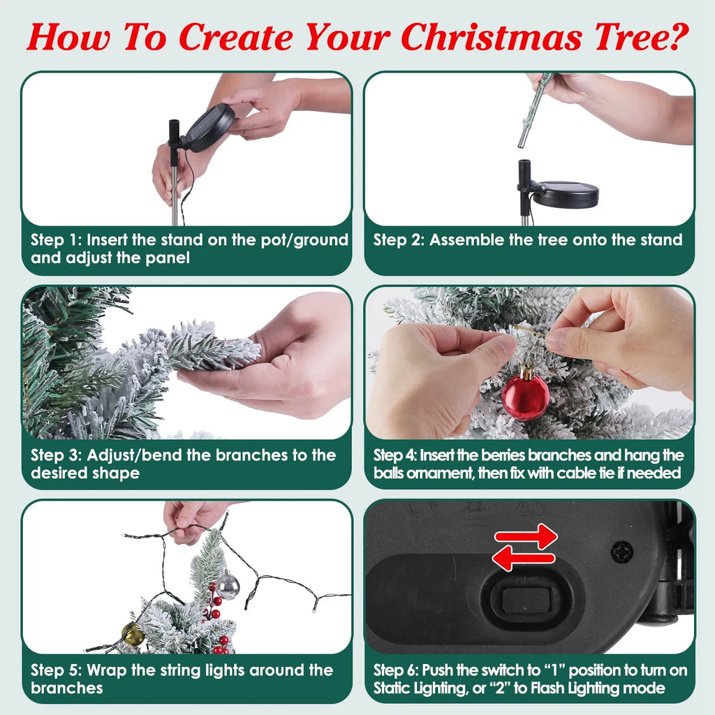 Arbre de Noël artificiel solaire - 50 LED chaudes et 2 modes d'éclairage
