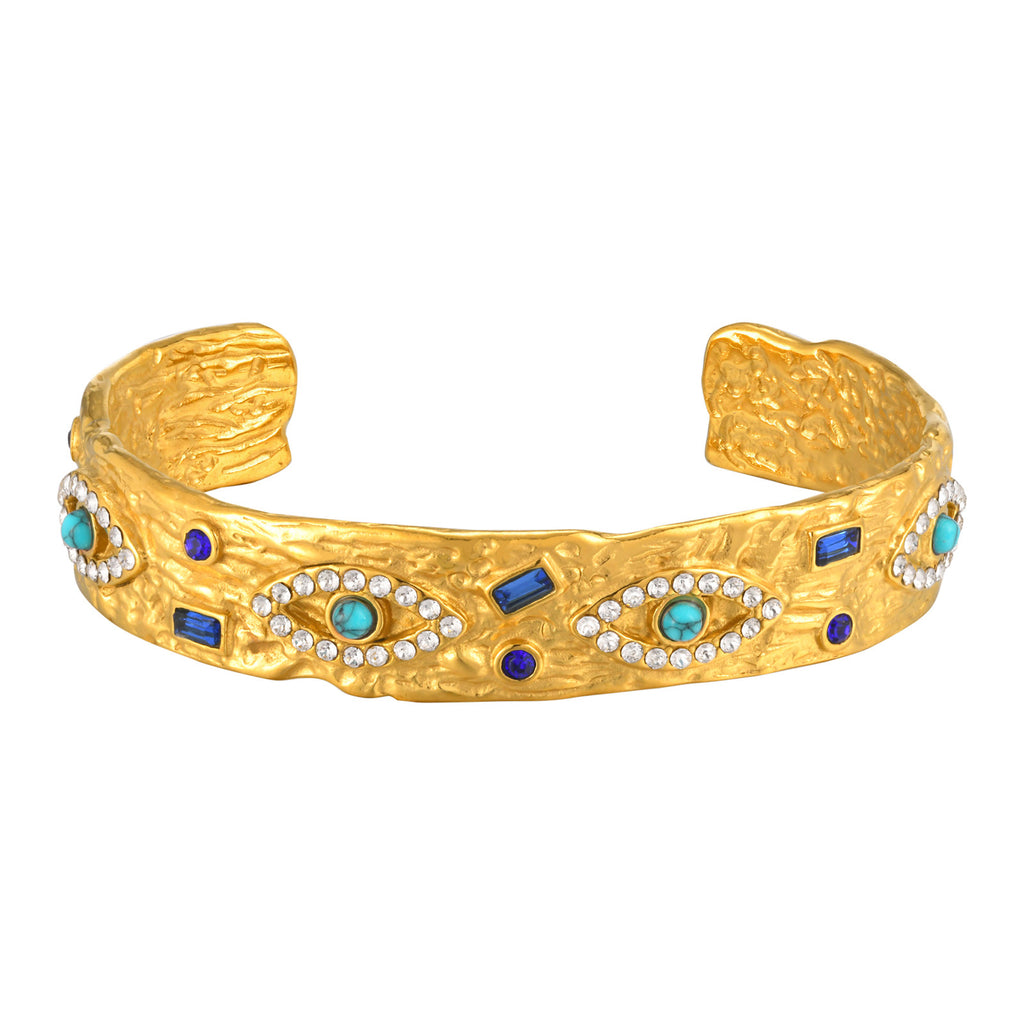 Acier inoxydable Zircon Turquoise Eye Bracelet ouvert en couleur or