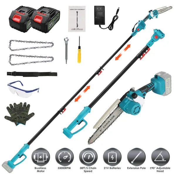 2-IN-1 Pôle sans fil et mini tronçonneuse avec extension Pôle 21V Batterie électrique 8' Bru