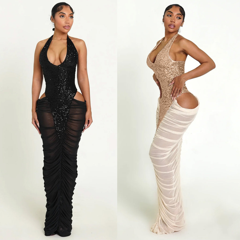 Panneau de maille à haute fente Sequin Halter Gown