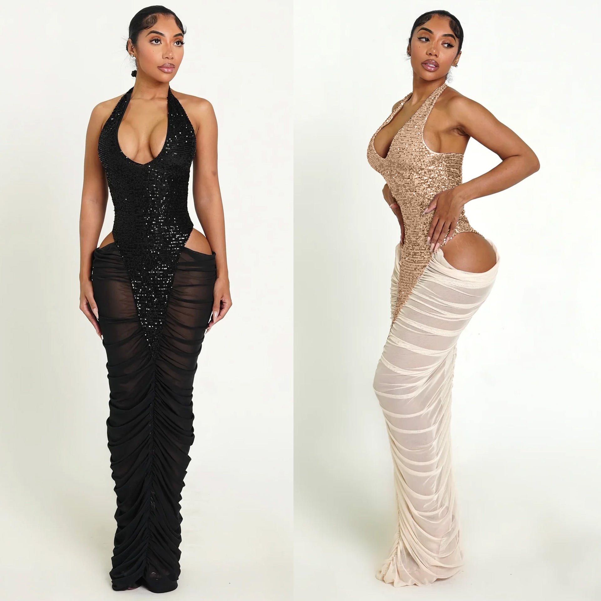 Panneau de maille à haute fente Sequin Halter Gown