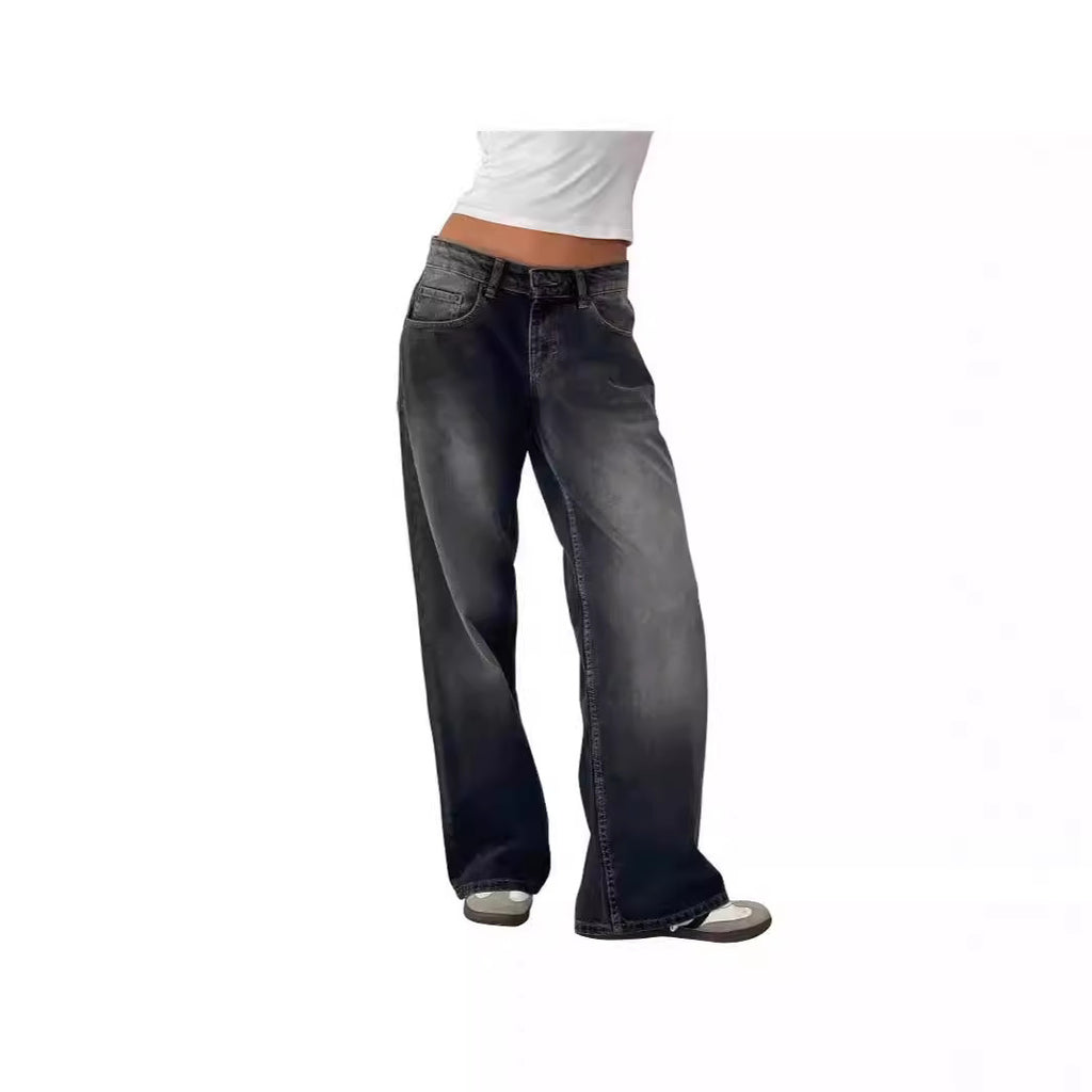 American Style Retro Low Waist Non élastique Lavé droit Jeans Femme Autumn Street Wid