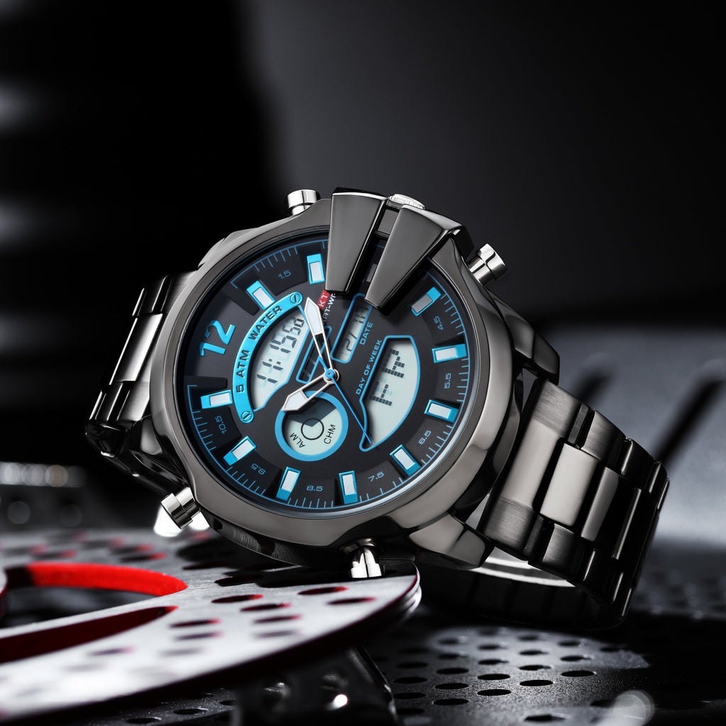 Homme double affichage réveil Led Sports Montre en acier étanche