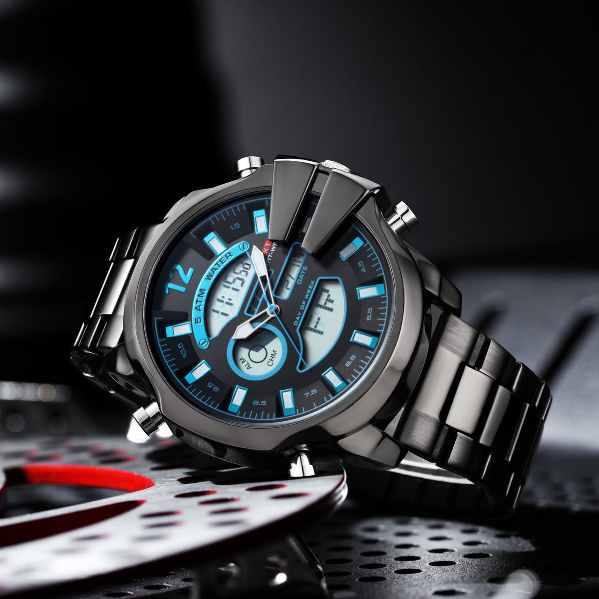 Homme double affichage réveil Led Sports Montre en acier étanche