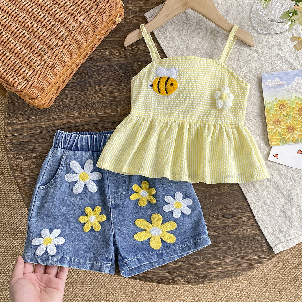 Filles Handmade 3D fleur Halter Top et shorts ensemble