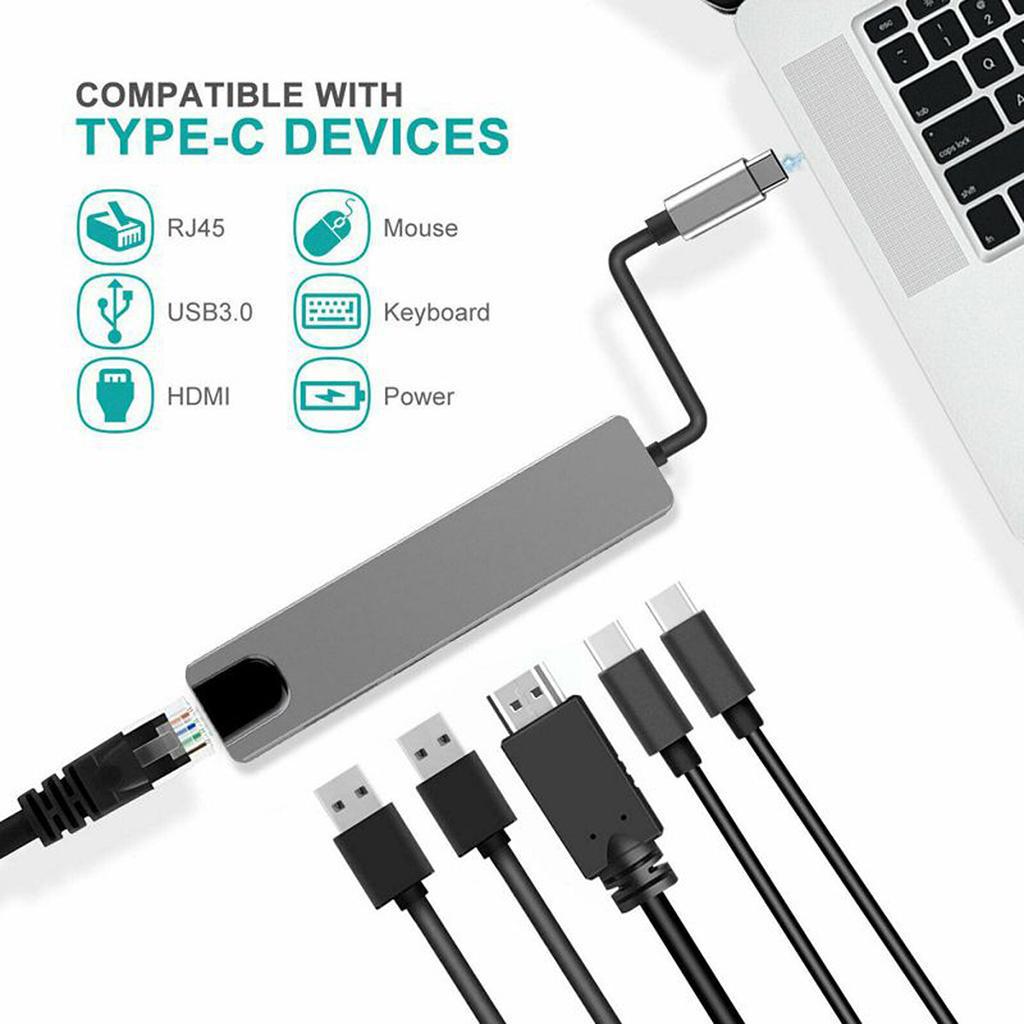 Type C to HDMI USB3.0 PD 6 En 1 HUB Hub Rj45 Adaptateur de carte réseau