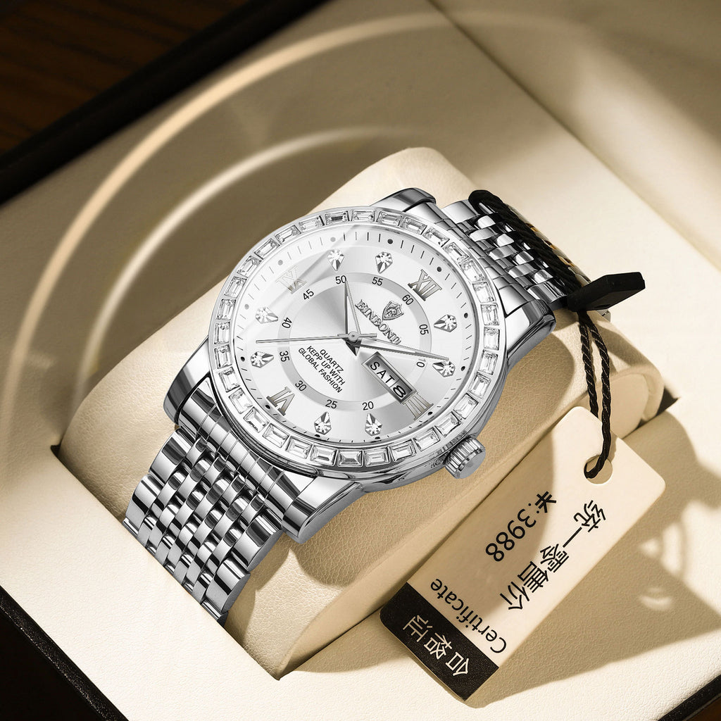 Business Diamant-embeded Montre mécanique double calendrier étanche