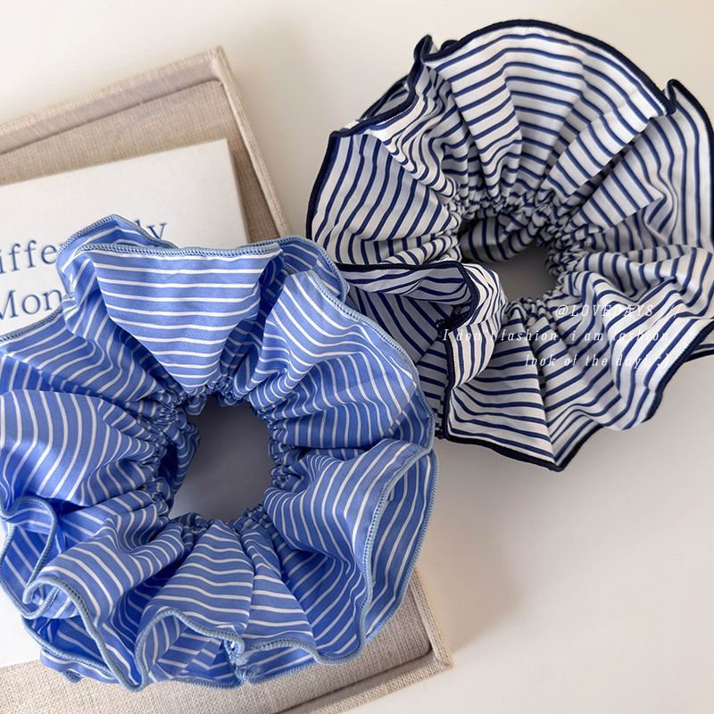 Sweet Blue rayé double couche Grande bague de cheveux intestinale Accessoires de cheveux tout-match