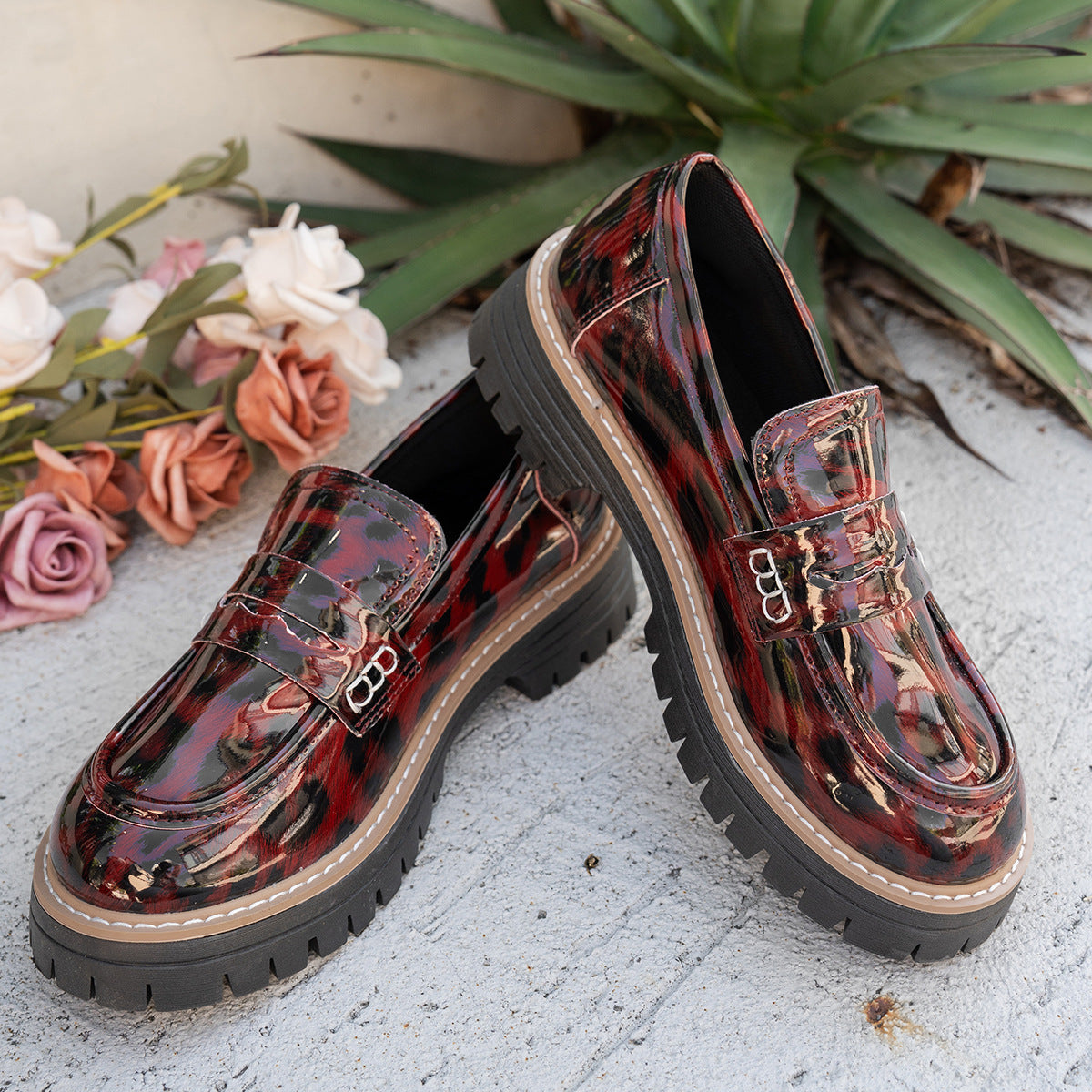 Cuir d'automne ceinture-Buckle Patent cuir Leopard-Imprimé Vintage Femmes Chaussures