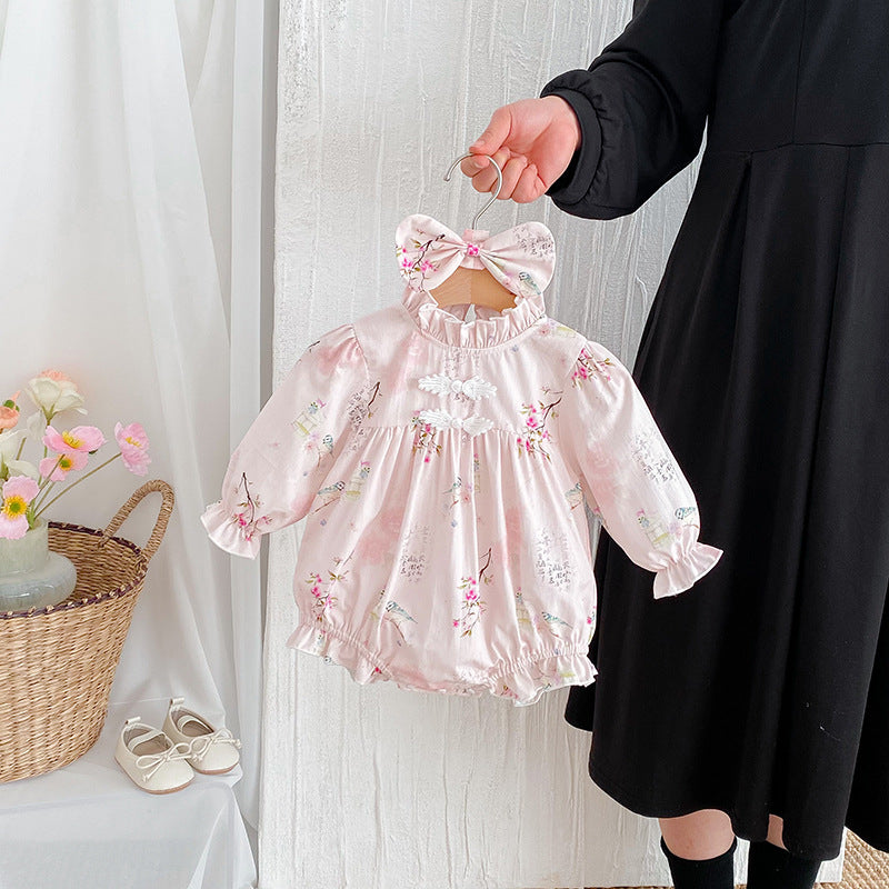 Longue manches bébé fille Triangle Rompers Retro style Tang robe