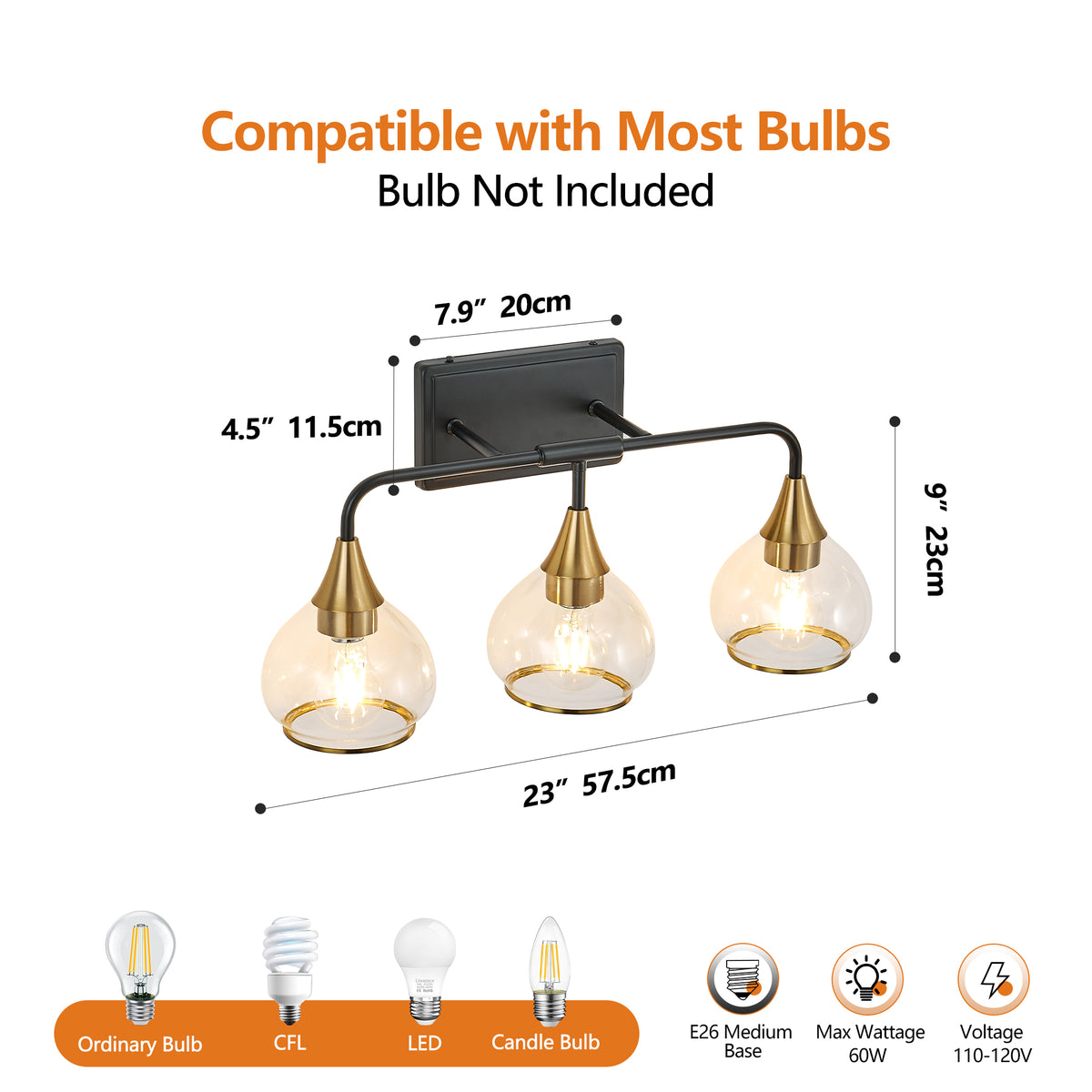 23in Modern 3-Light Vanity Wall Sconce - Black and Gold Bathroom Light Fixture with Clear Glass