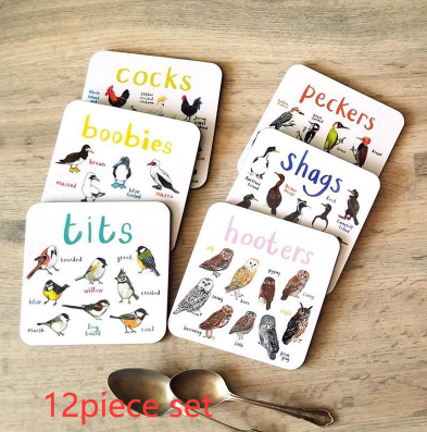 Sous-verres de pun d'oiseau Fun Square Boissons sous-verre pour enfants Tapis de coupe en bois et PVC Accueil Kitch