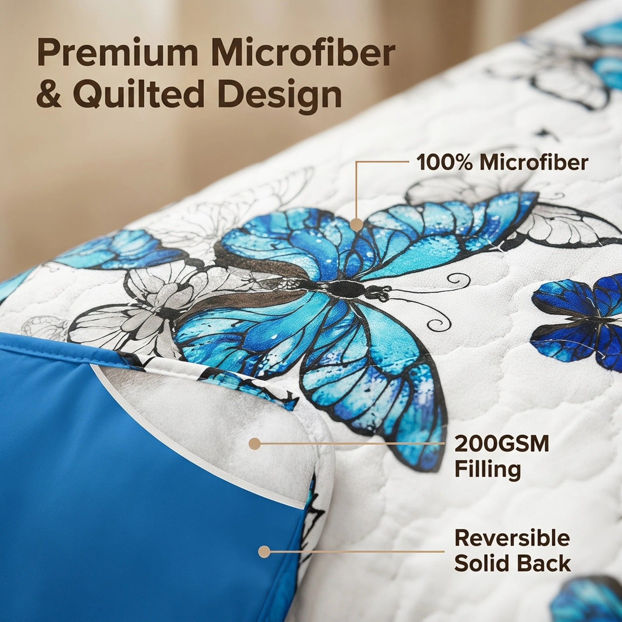 3-Piece Blue Butterfly Couverture de lit matelassée pour roi et roi de Californie
