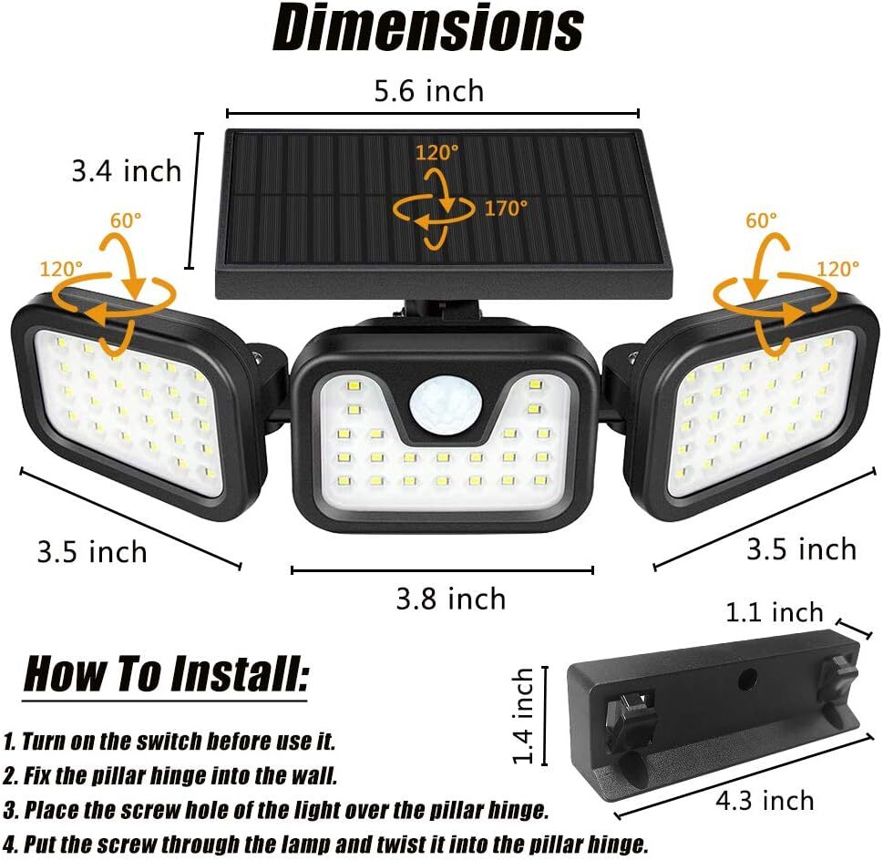 3-Head Solar Light LED PIR Motion Sensor Outdoor Garden Wall Lampe de sécurité UK
