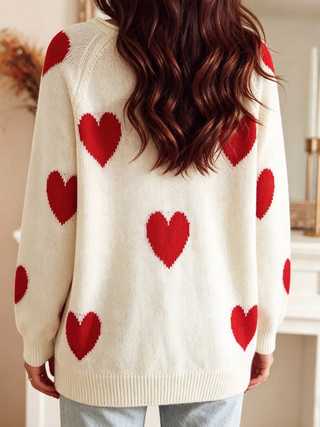 Crème Casual Overzied Blanc Tout sur le coeur rouge Pattern longue manches tricot dessus pour les femmes