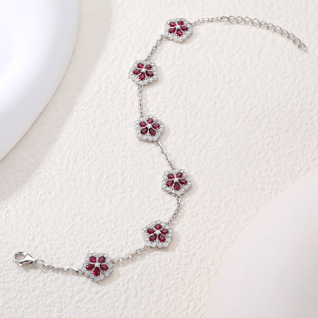 S925 Argent Sterling Rouge Lab-Grown Bracelet de fleur de pierres précieuses 16cm Platinum plaqué avec D Co