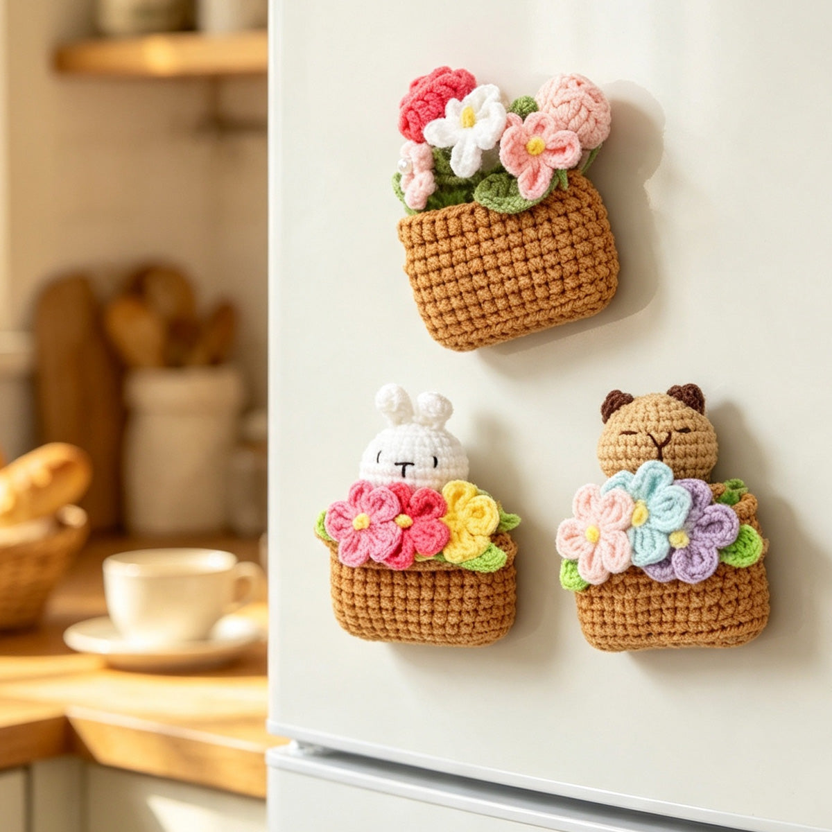 Crochet fait main carré pot de fleur Mignon de poupée trois pièces ensemble avec Bunny Little Ani