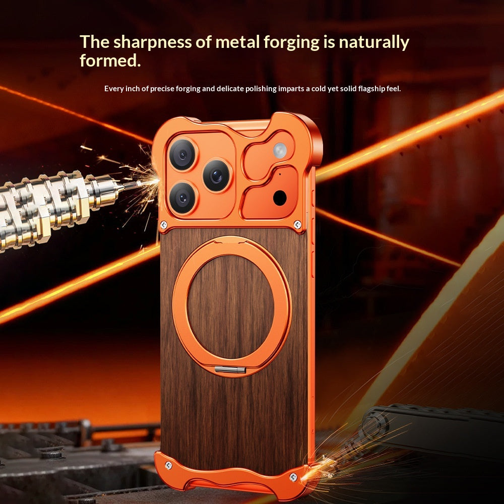 One-piece Shell with Rotating Solid Wood and Metal Magnetic Phone Case