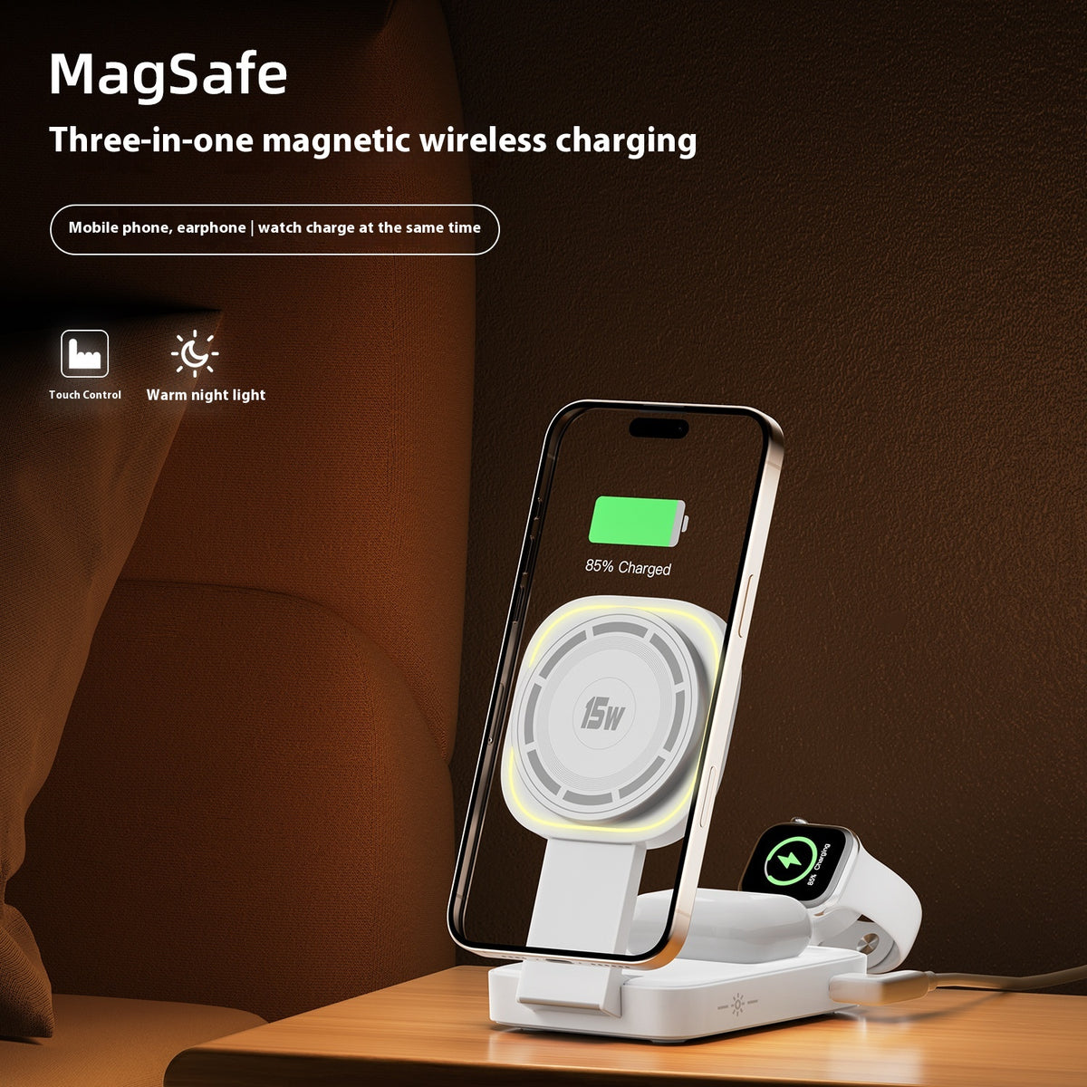 Chargeur sans fil pliable et portatif de 15W trois en un