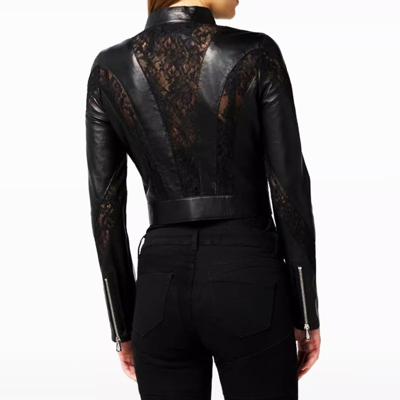 Veste en cuir de dentelle de faux patchwork