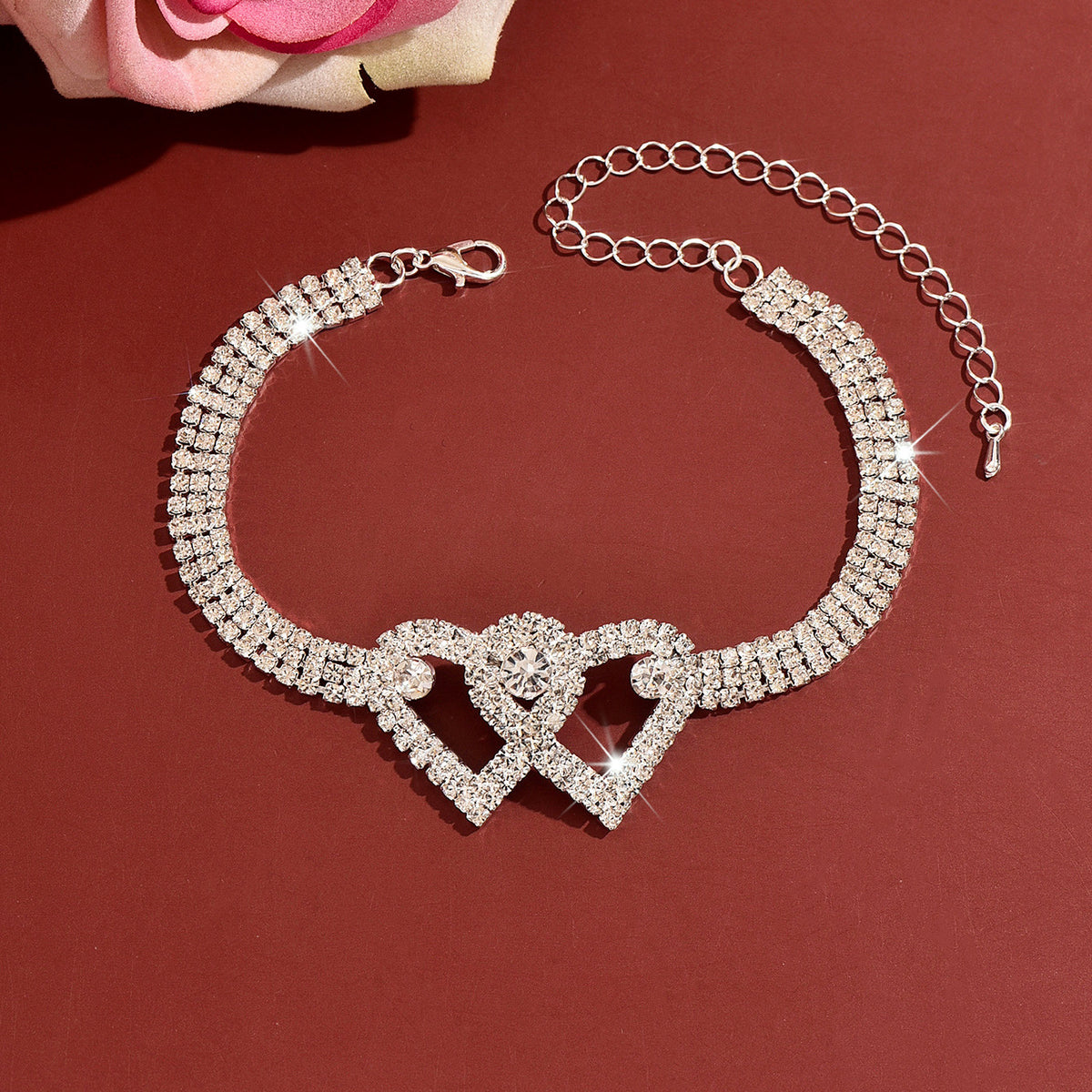 Femmes entrelacées Double coeur CZ Tennis Anklet