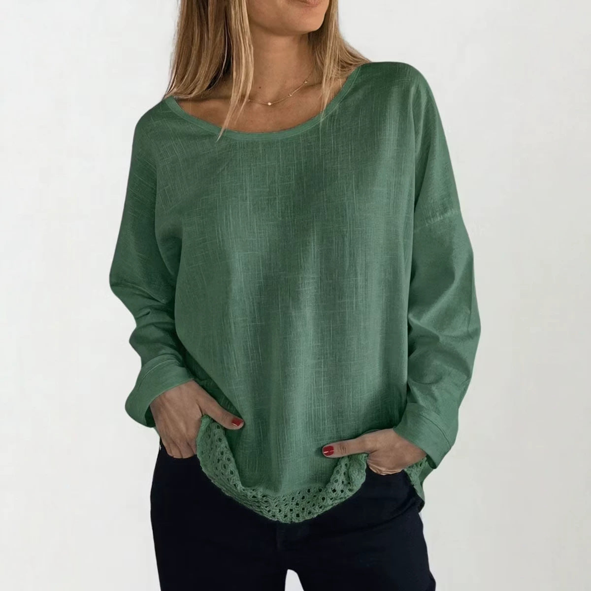 Arrivée Élégante chemise à manches longues en dentelle à col solide pour femmes