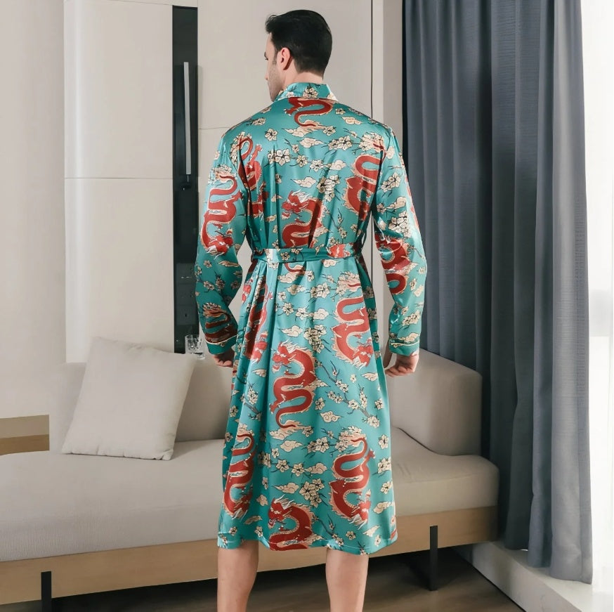 Été Ice-silk Long-style Wearable Ice-silk Youth Long-sleeve Loungewear Hommes Nightgown T