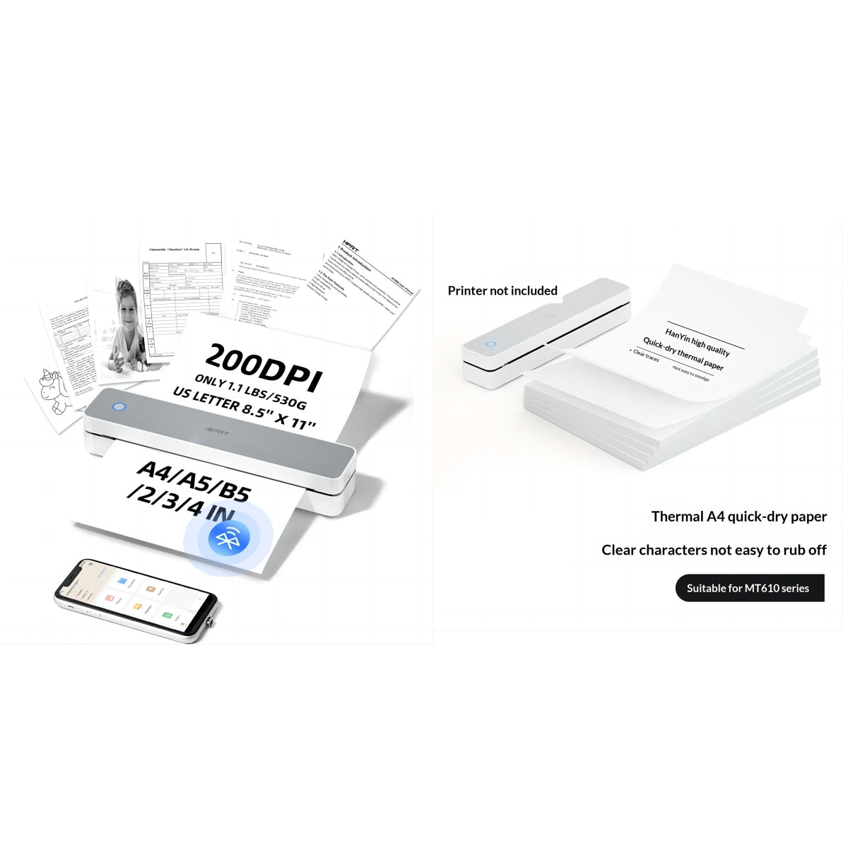 MT610 Imprimante thermique portable sans fil Bluetooth A4 pour documents maison et bureau