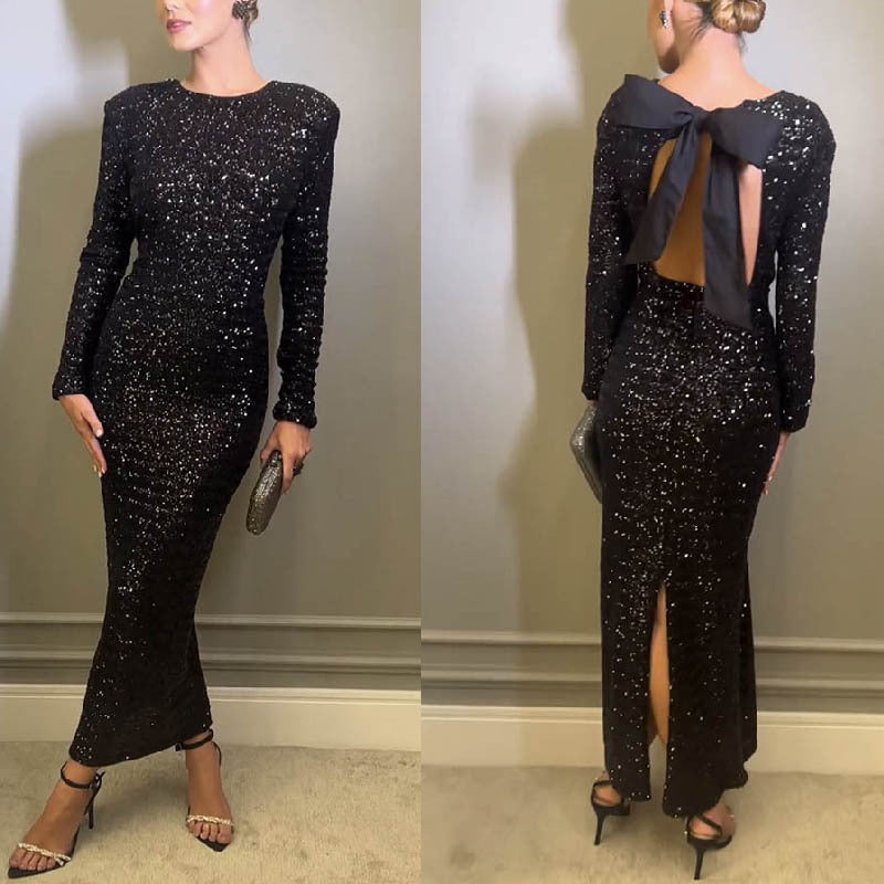 Automne Hiver Sexy Robe de soirée pailletée sans dos Robe Femmes