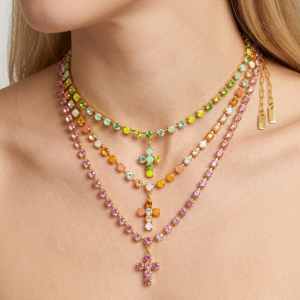 European and American Gemstone-Inlaid Multicolor Layered Mode Tassel Cross Collier Wit