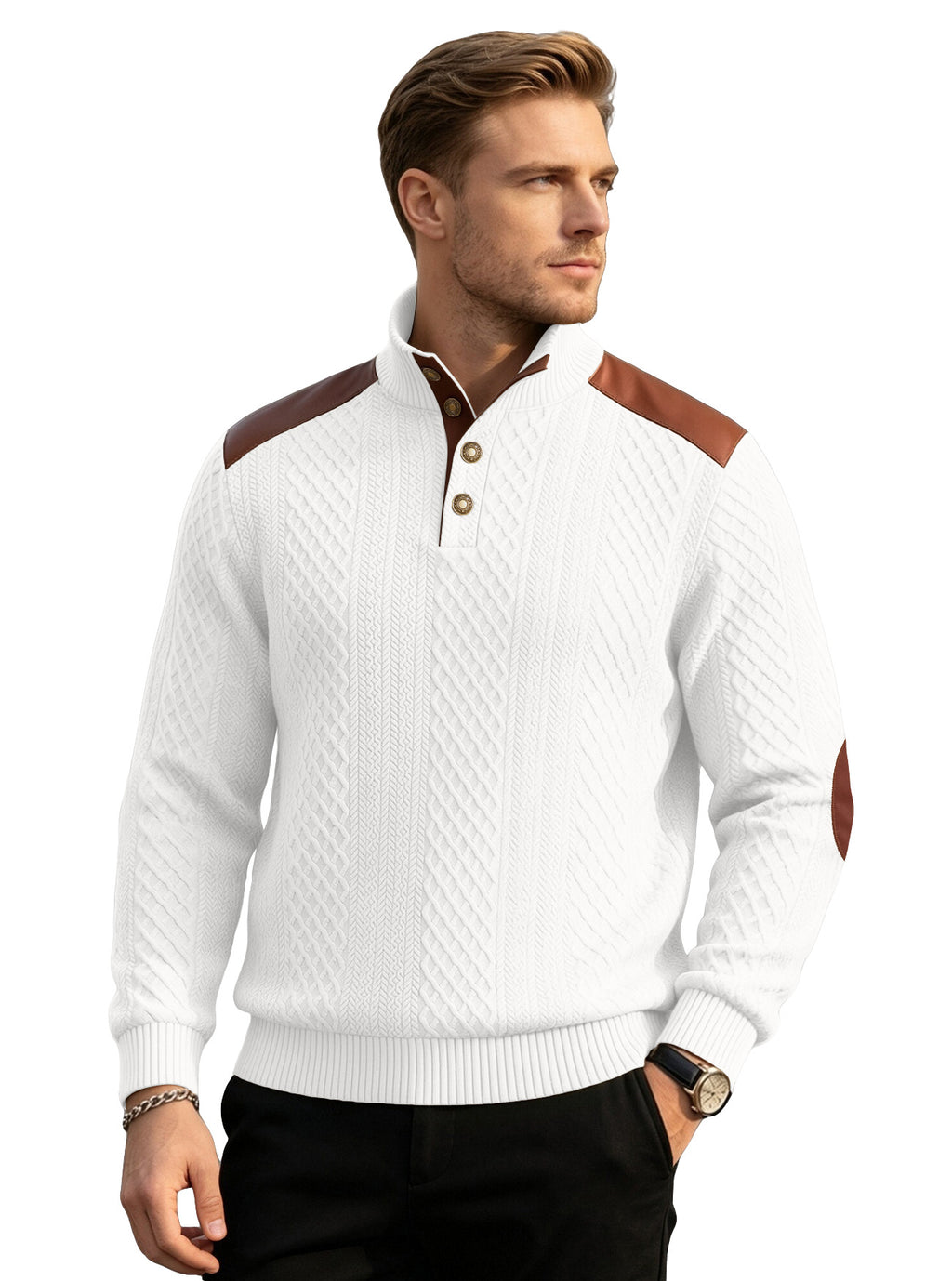 Texturé américain homme Jacquard Collared Knit Sweater avec épaule Patchwork Loose Long-