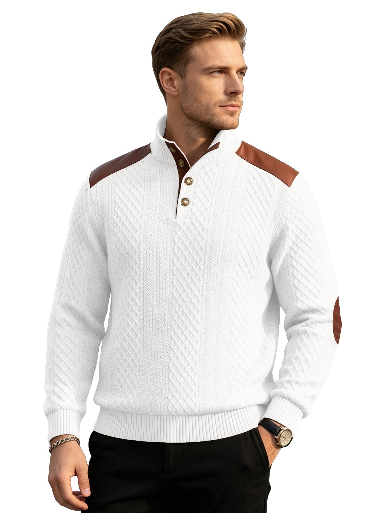 Texturé américain homme Jacquard Collared Knit Sweater avec épaule Patchwork Loose Long-
